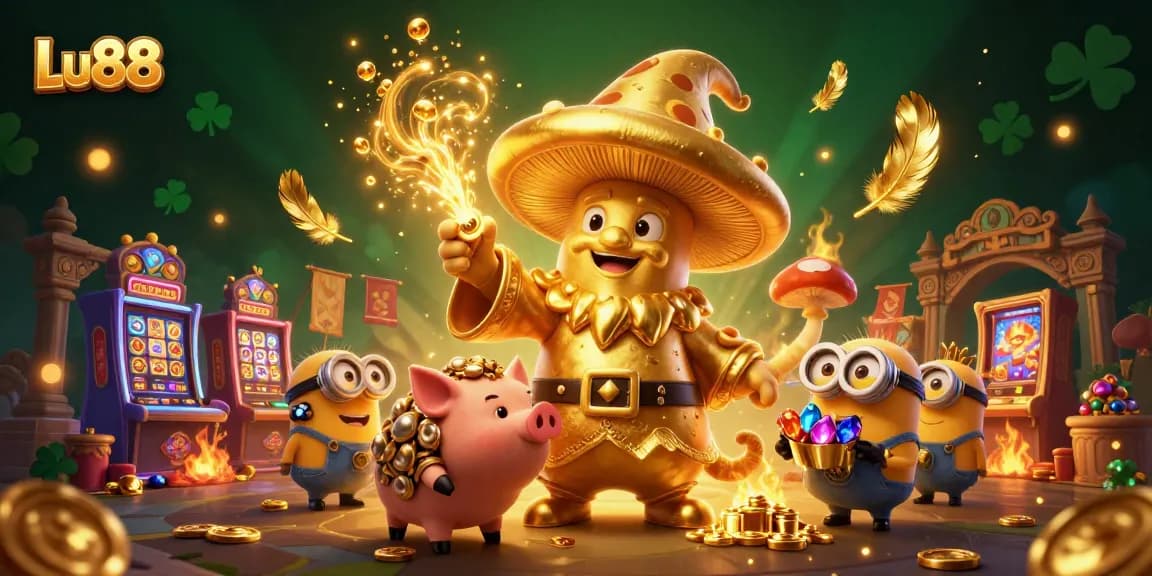 Experience the magical world of Lu88 where the golden mushroom wizard and truffle pig uncover treasure in a vibrant casino.