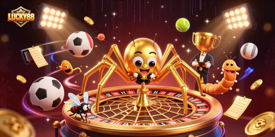 Experience thrilling sports betting action with LUCKY88 as the golden spider spins the roulette wheel.
