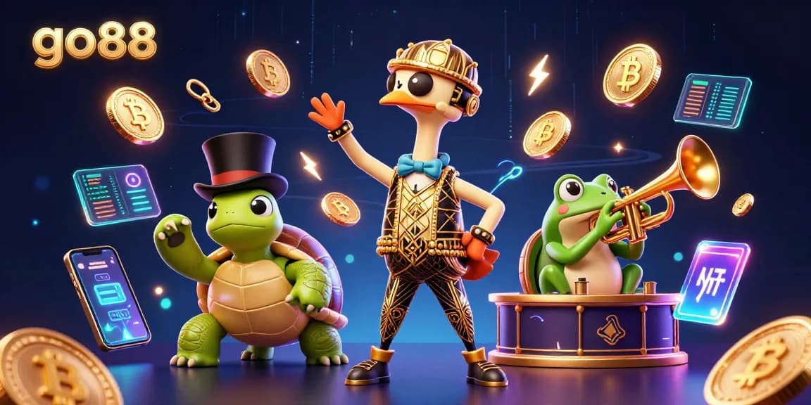 Engage with go88's vibrant games as cartoon characters illuminate the casino scene with excitement.
