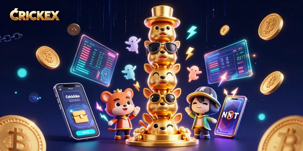 Experience CRICKEX thrilling dynamic betting scene with golden totem, crypto elements and vibrant casino accessories.