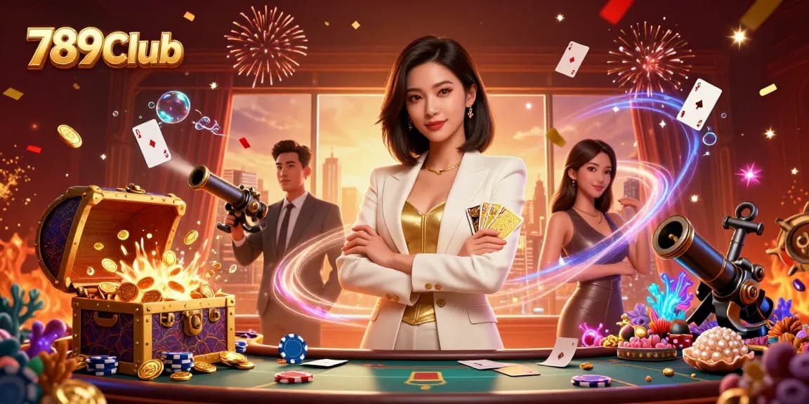 Experience the thrill of 789Club with a glamorous Asian woman holding golden cards in a vibrant casino.