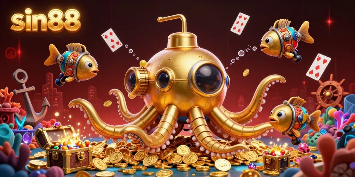 Experience sin88's thrilling underwater casino adventure with a golden kraken and mechanical fish.
