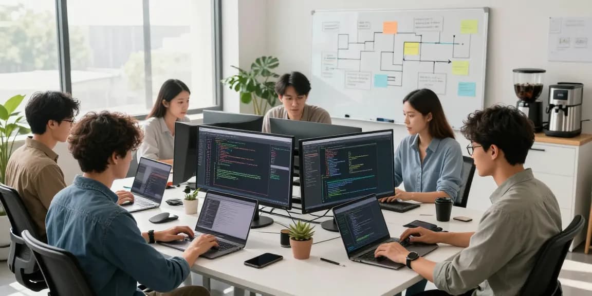 A collaborative software development team working at the WPS Official Website workspace, showcasing teamwork and innovative coding practices.