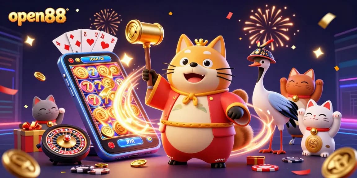 Experience open88's vibrant casino adventure with 3D characters, exciting games, and festive elements.