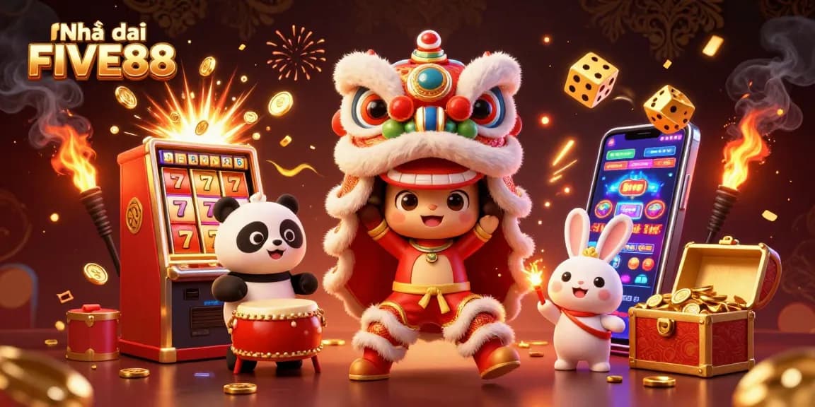 Experience the thrilling environment at Nhà cái FIVE88 with vibrant celebrations and dynamic gaming elements.