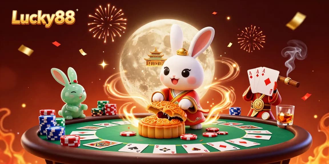 Experience exciting poker gaming with Lucky88 featuring a moon rabbit and poker chips.