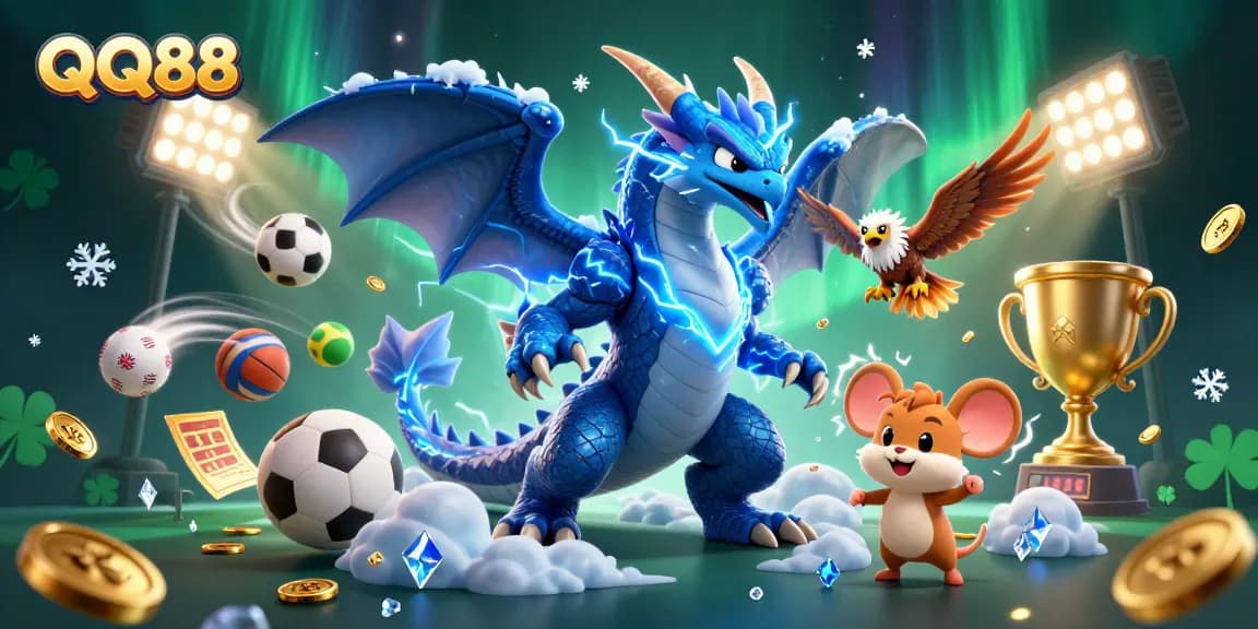 Experience the thrill of QQ88 with vibrant sports and gaming elements in an electrifying scene.