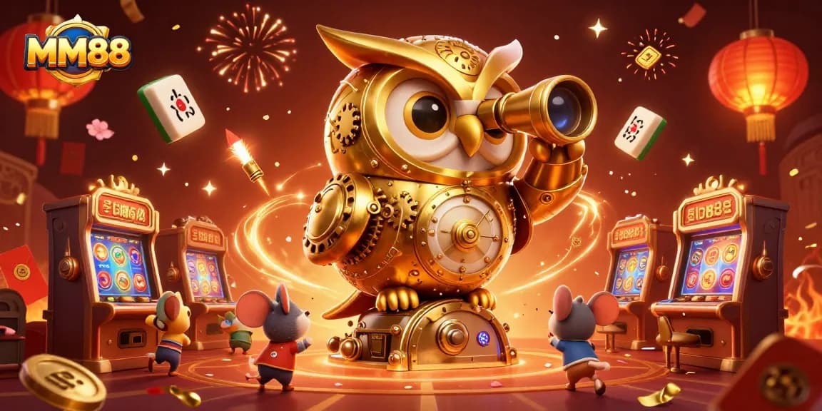 Experience thrilling MM88 gaming in a vibrant 3D scene featuring a clockwork owl and lucky symbols.