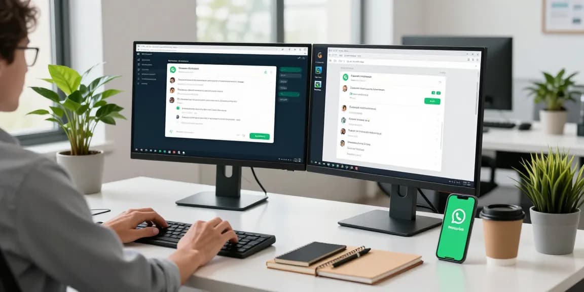 Using WhatsApp電腦版 on desktop in a modern office workspace.