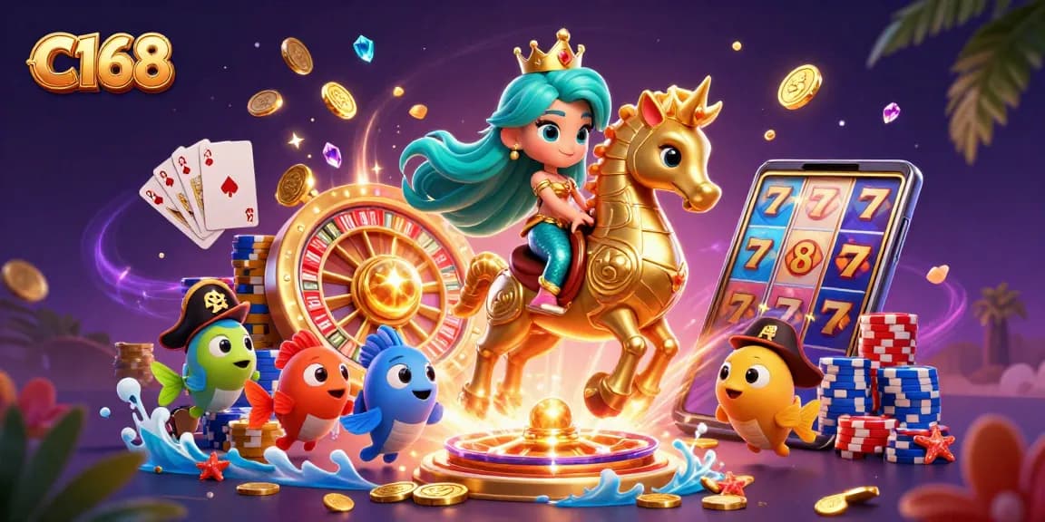 C168 players enjoy immersive gaming with a colorful mermaid scene featuring slots and roulette.