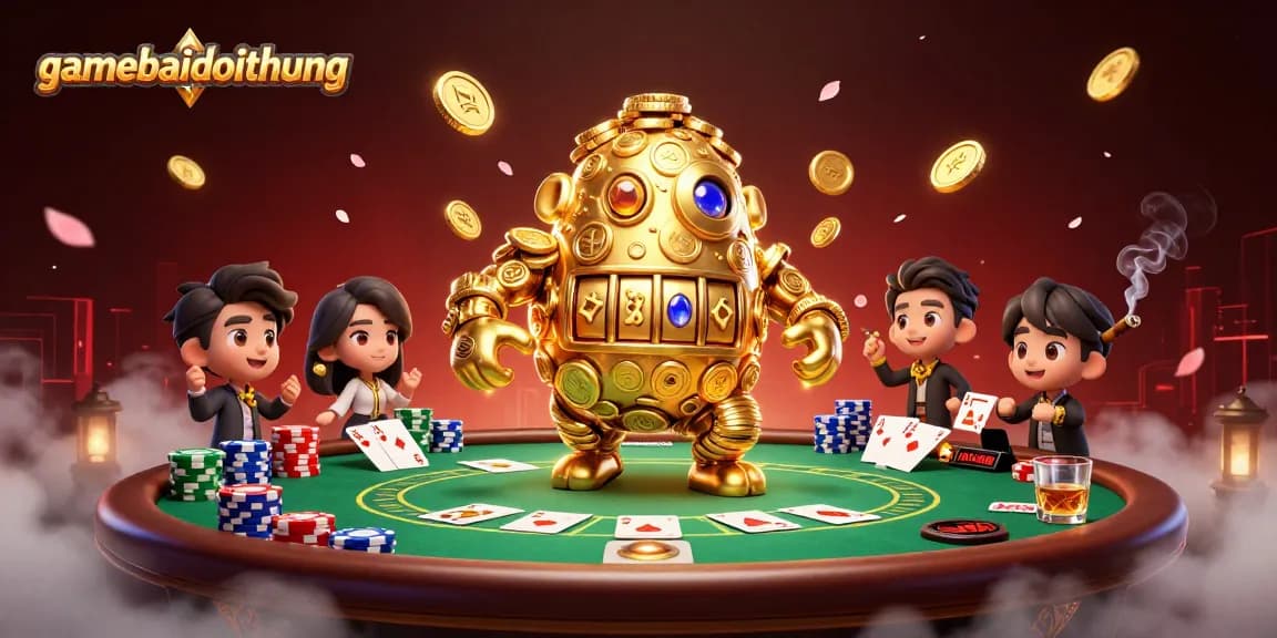 Experience gamebaidoithuong with an action-packed casino scene featuring an animated golden golem and poker elements.
