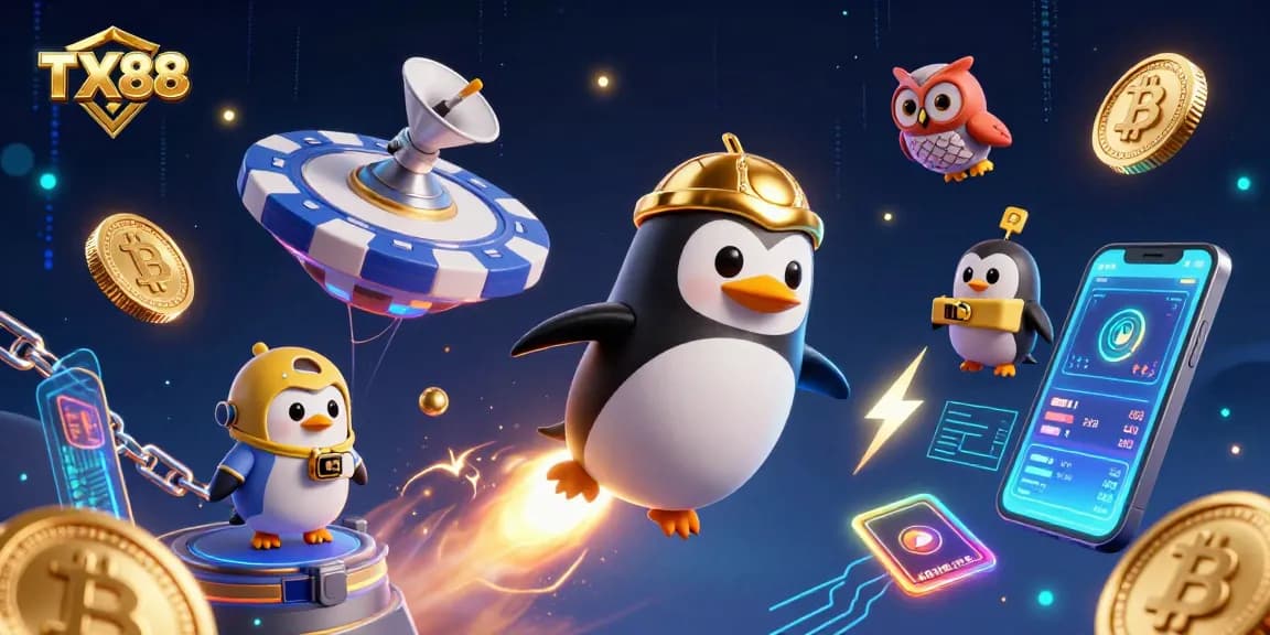 Engage with TX88 as the golden penguin navigates a cosmic casino adventure filled with crypto assets.