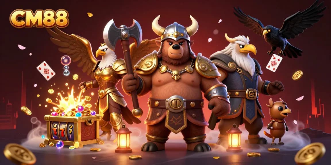 Engage with CM88's thrilling slot games featuring Viking characters and gold treasure in a vibrant 3D scene.