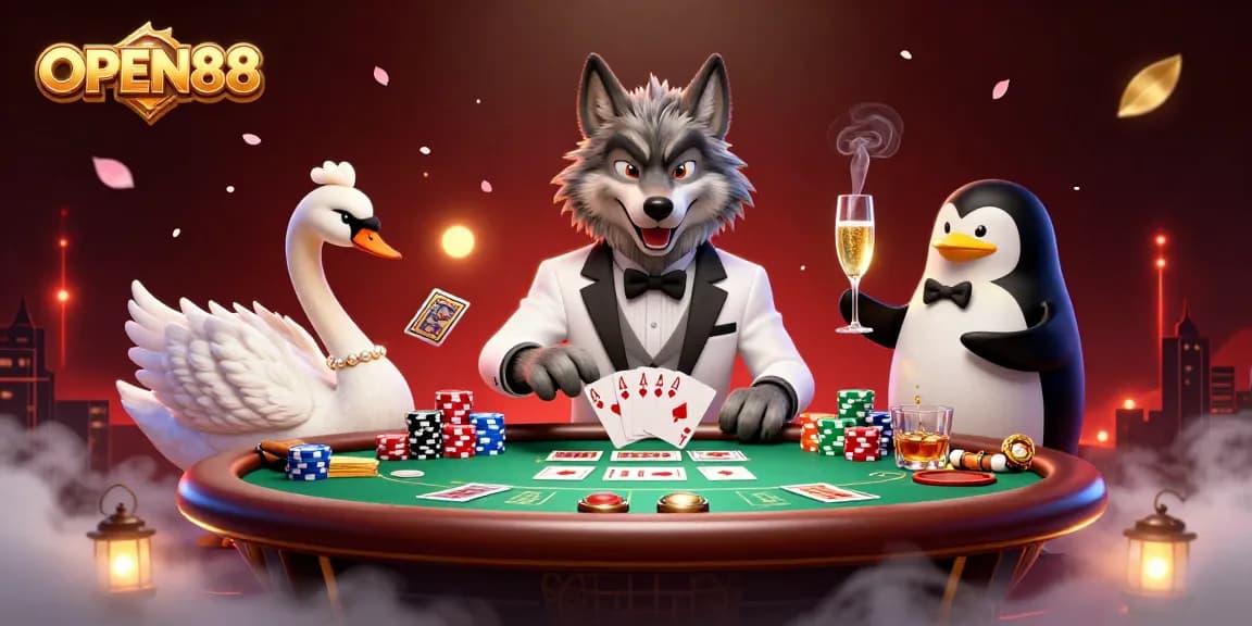 OPEN88 brings excitement with a debonair wolf, elegant swan, and penguin sommelier in a vibrant casino scene.