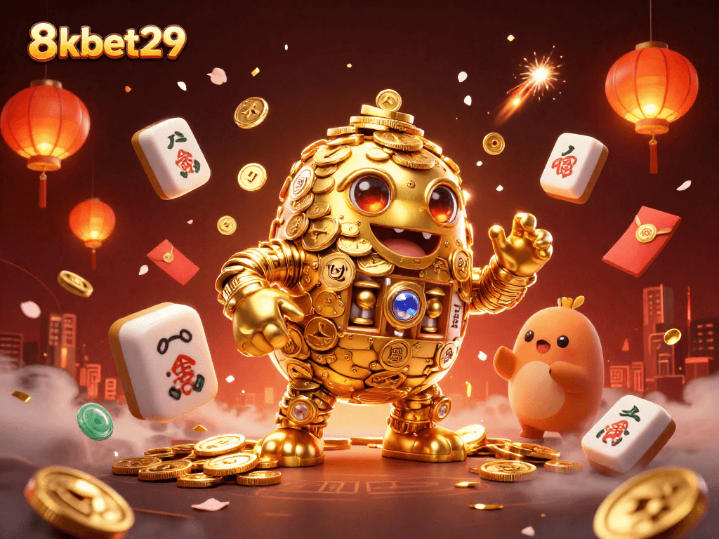 8kbet29 showcases a lively 3D casino scene with golden golem and dynamic game elements.