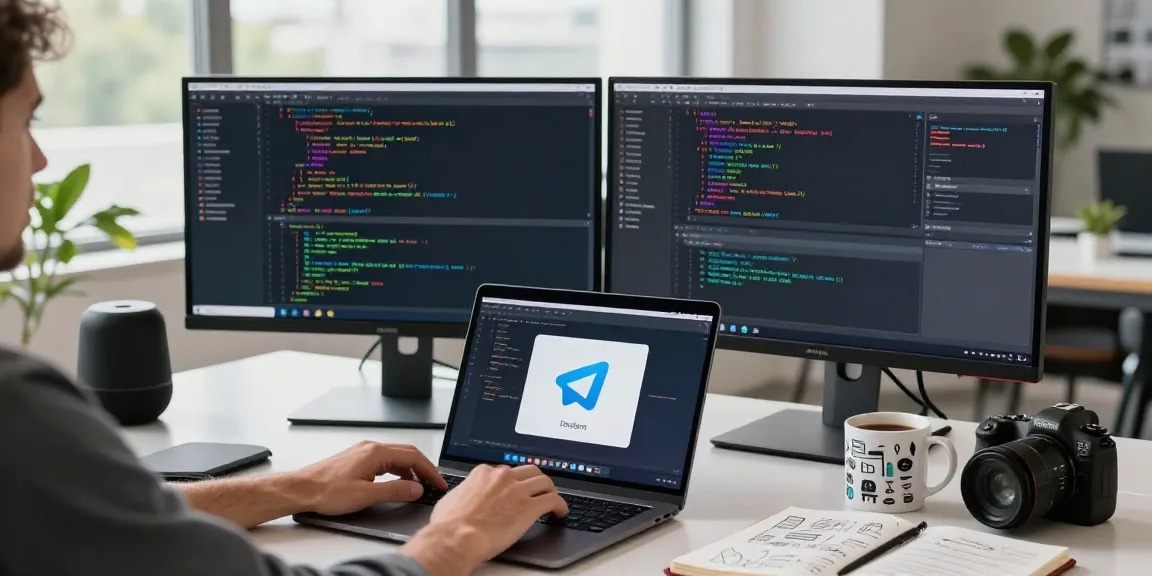 Download Telegram on a modern workspace with coding and tech elements.