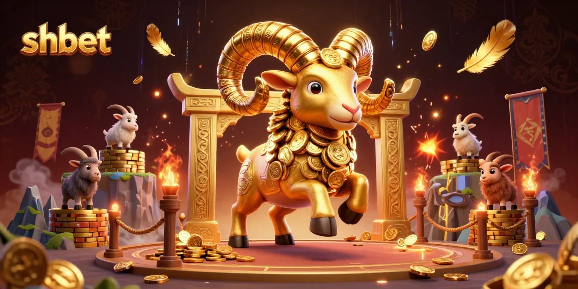 Experience the excitement of shbet with a golden ram charging at a casino gate amidst golden coins and gaming elements.