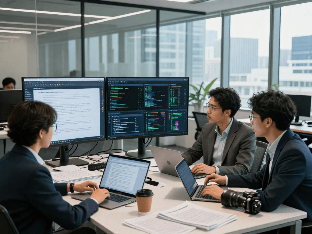 Professionals examining document fraud detection analytics in a modern office, showcasing collaborative analysis and advanced technology.