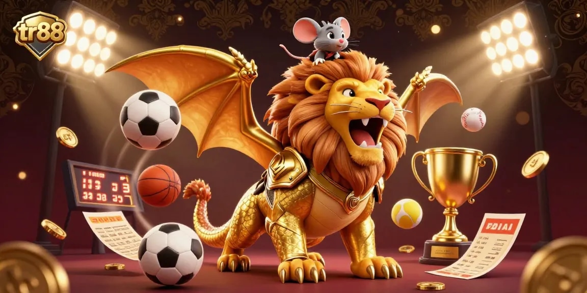 Experience the excitement of tr88 with a dynamic 3D casino scene featuring a roaring chimera and vibrant sports elements.