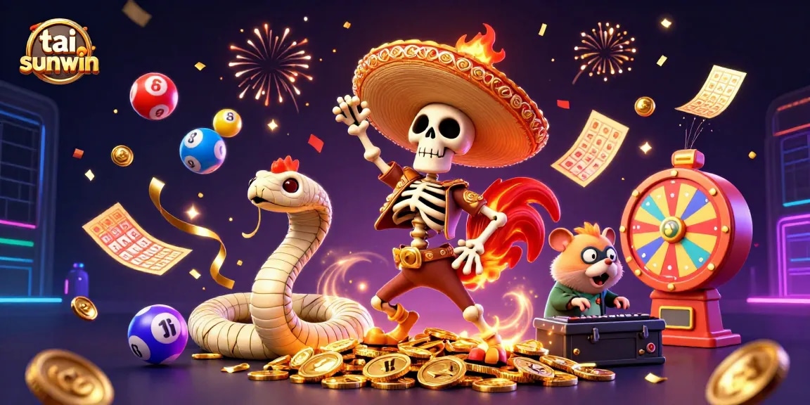 Experience big wins at tai sunwin with golden coins and vibrant game elements dynamically interacting in a festive casino setting.