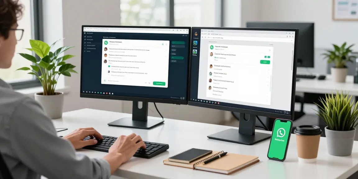 Using WhatsApp電腦版 on desktop in a modern office workspace.