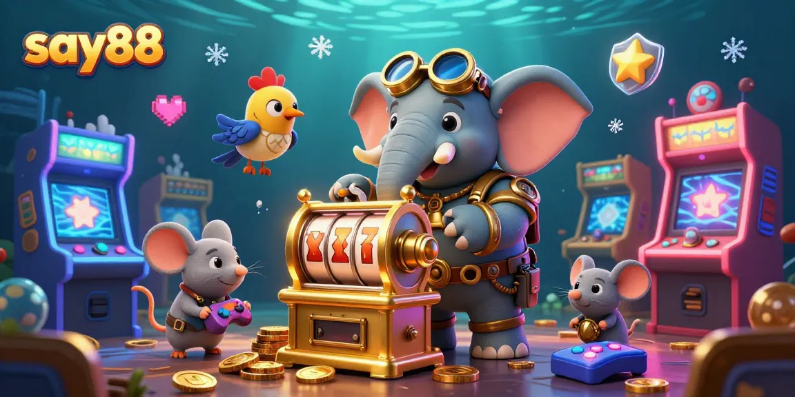 Experience the excitement of say88 as a steampunk elephant operates a golden slot machine amidst vibrant casino elements.