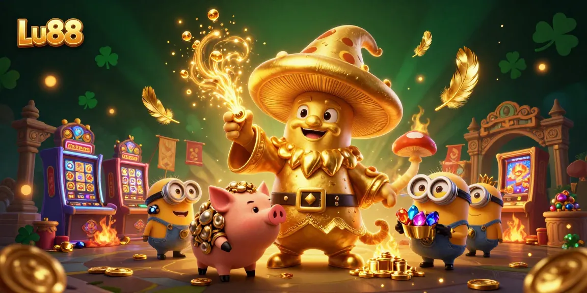 Experience the magical world of Lu88 where the golden mushroom wizard and truffle pig uncover treasure in a vibrant casino.