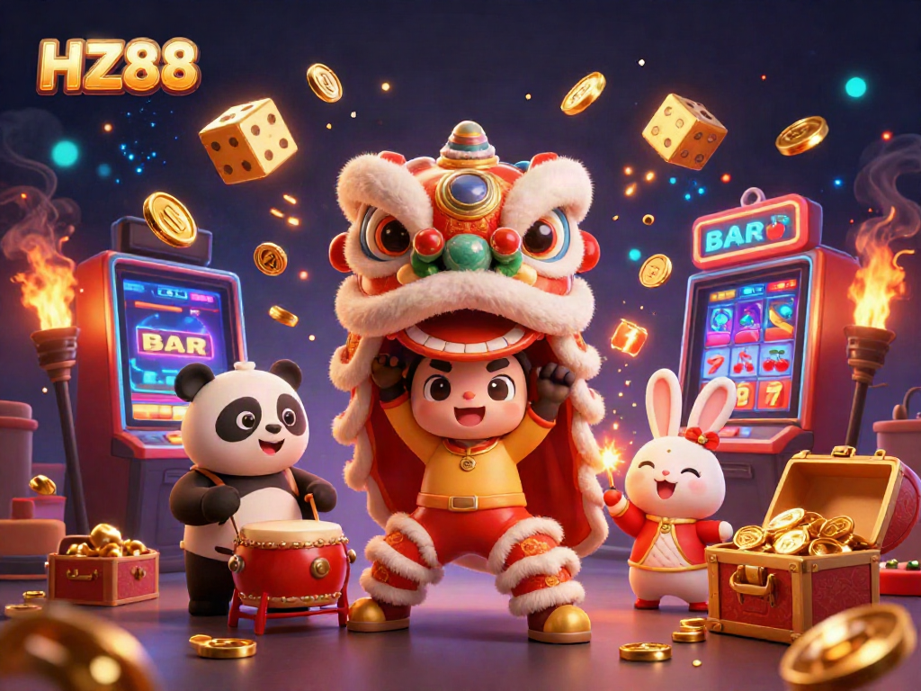 Experience thrilling wins with HZ88 in this vibrant 3D casino illustration featuring dynamic game elements.