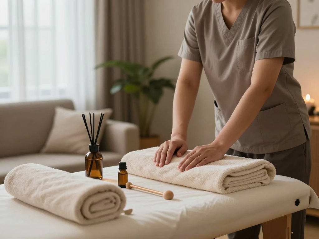 Professional therapist preparing for 출장안마 in a cozy home setting with calming ambiance.