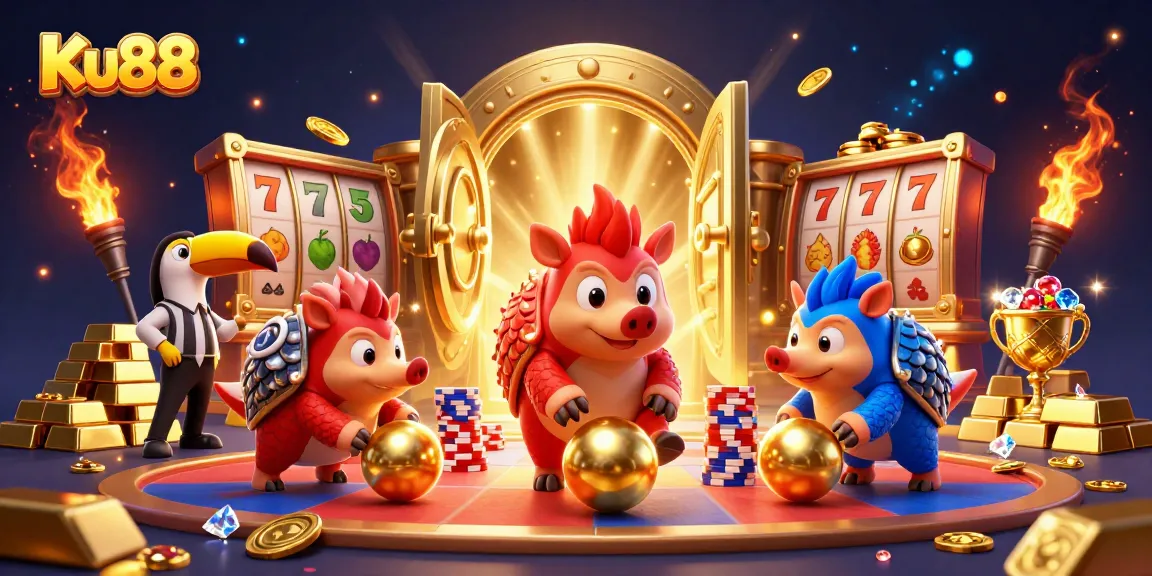 Ku88 illustration showcasing rival pangolins bowling through poker chips with dazzling gems and treasure.