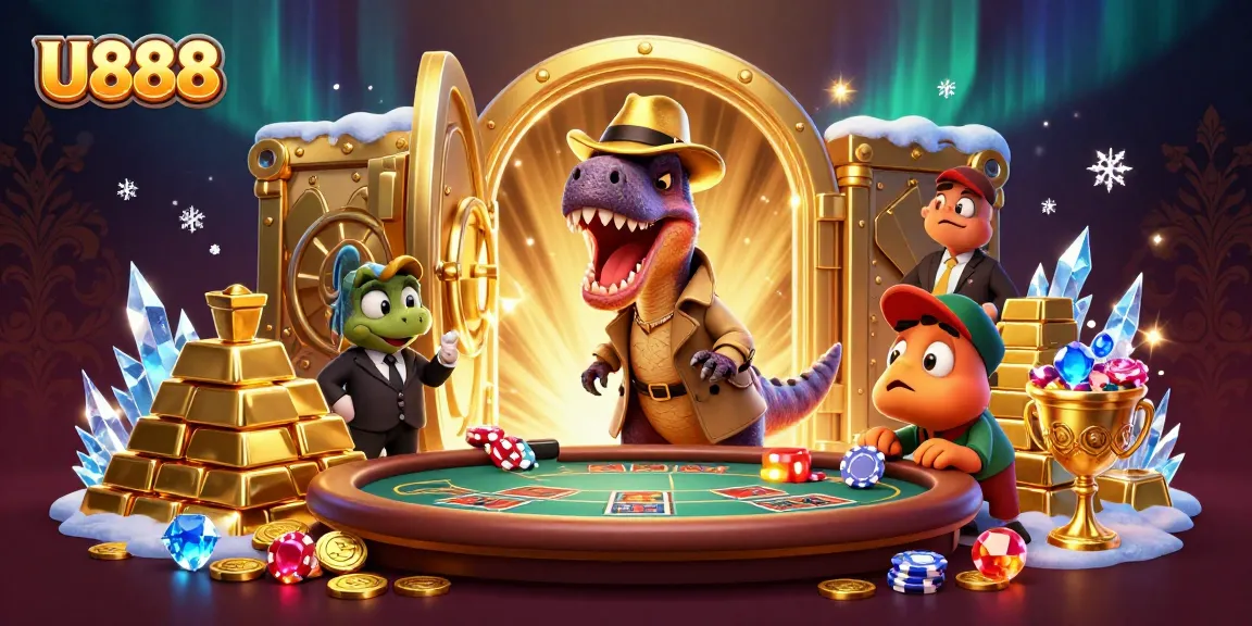 Engage with U888 at a blackjack table amidst a vibrant 3D casino scene featuring playful dinosaurs.