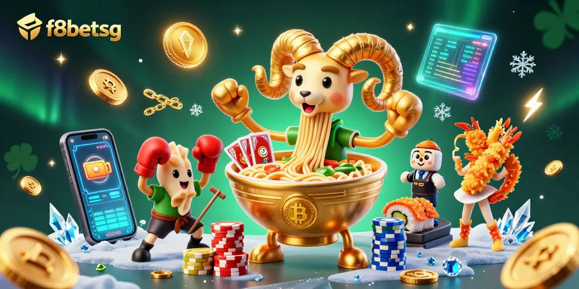 Engage with f8betsg's vibrant online casino world featuring a colorful ramen bowl dealer and crypto elements.