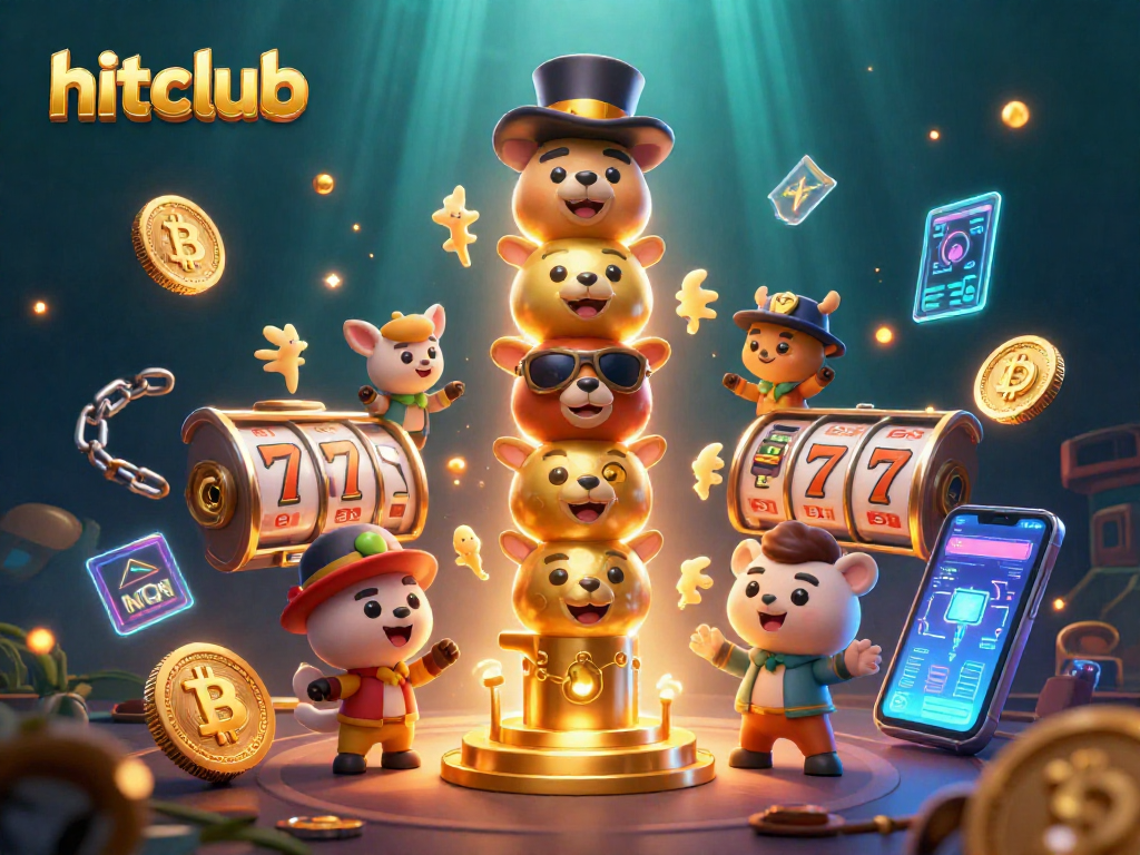 Experience thrilling gaming action at hitclub with vibrant slot reels and crypto icons.