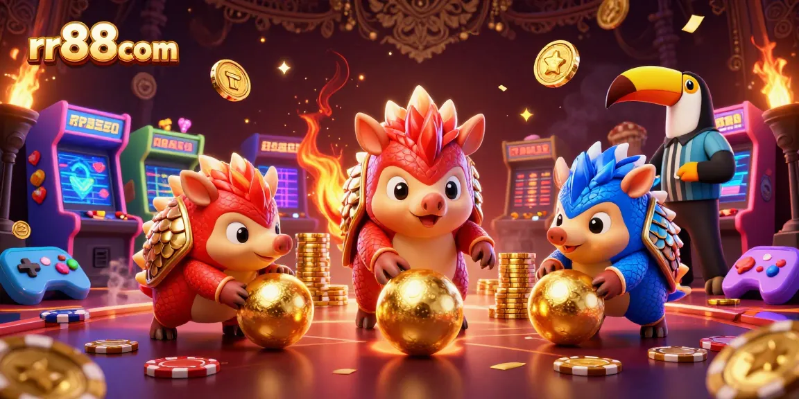 Experience thrilling gameplay at rr88com as rival pangolins playfully roll golden balls amid vibrant arcade elements.