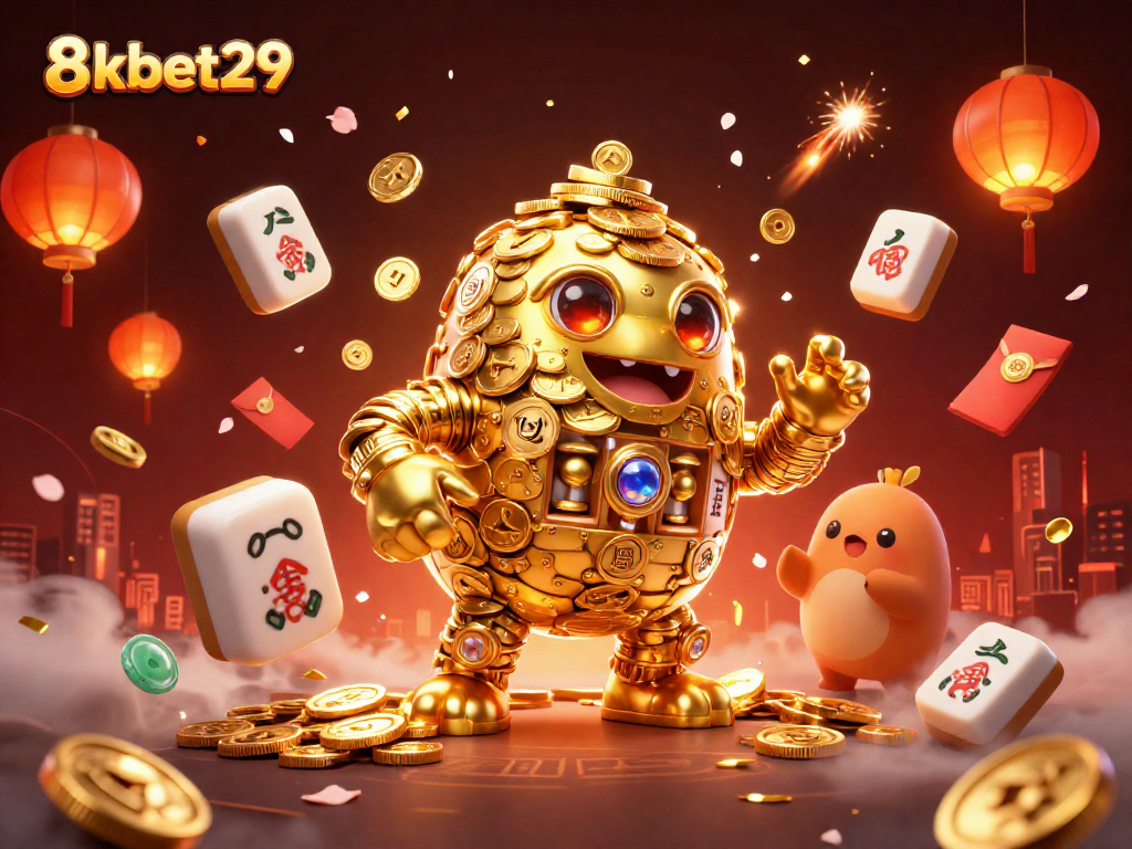 8kbet29 showcases a lively 3D casino scene with golden golem and dynamic game elements.