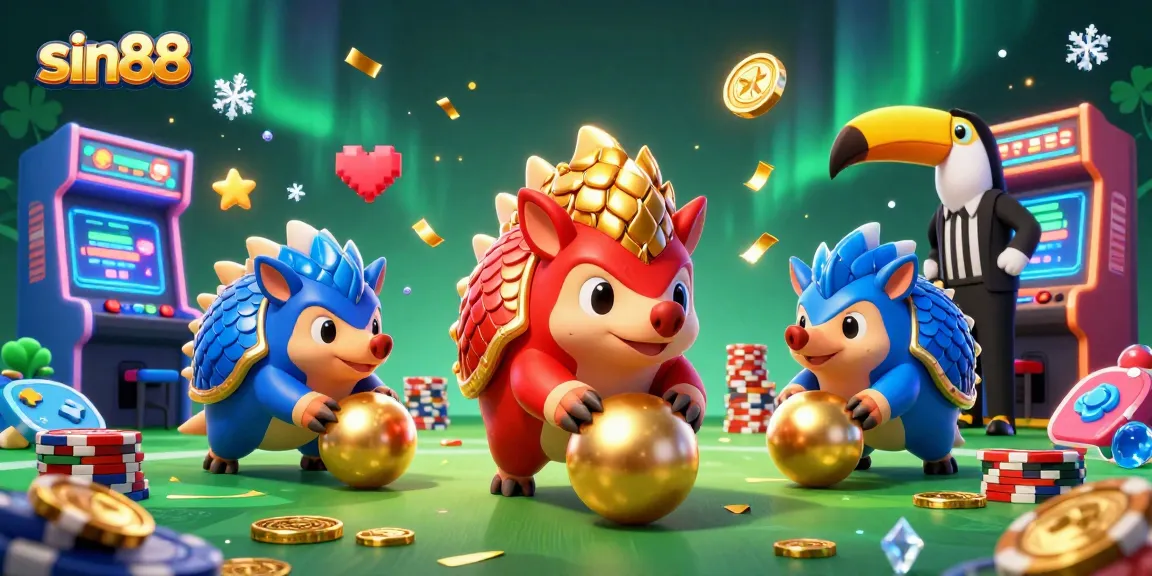 Experience thrilling gameplay at sin88 with rival pangolins bowling through poker chips in this lively digital scene.