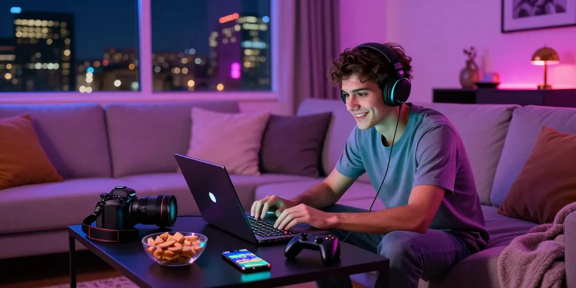 Scena coinvolgente di un giovane adulto che esplora i migliori casinò online non AAMS da casa, circondato da attrezzature da gioco e luci vivaci.