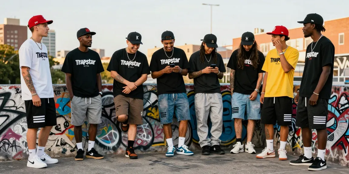 Trapstar Tuta indossato da un gruppo di amici in un ambiente urbano colorato.
