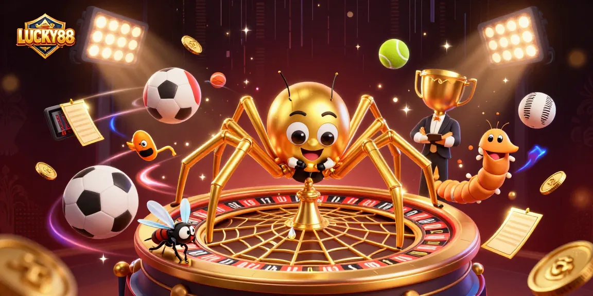 Experience thrilling sports betting action with LUCKY88 as the golden spider spins the roulette wheel.