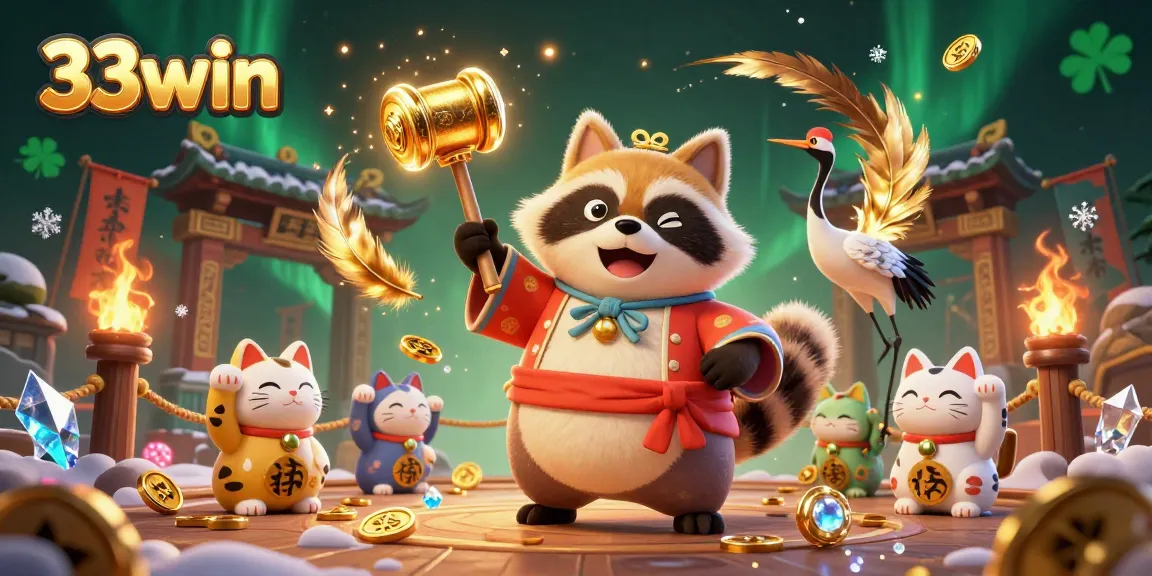 Experience vibrant 33win casino action with a tanuki, crane, and fortune cats in a colorful arena.