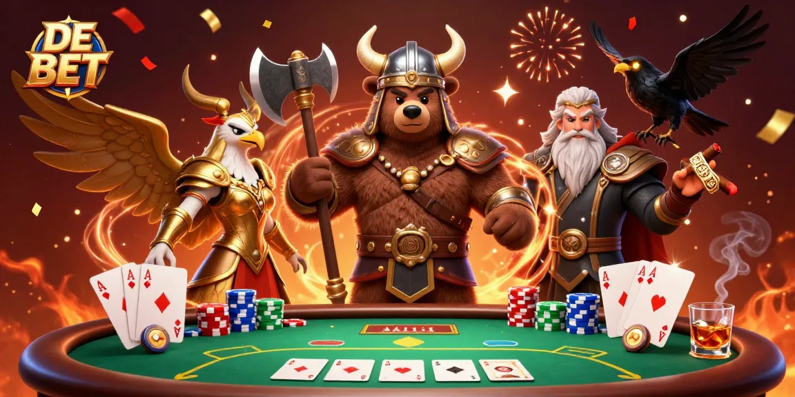 Engage with DE BET at a vibrant poker scene featuring a Viking bear and Valkyrie eagle.