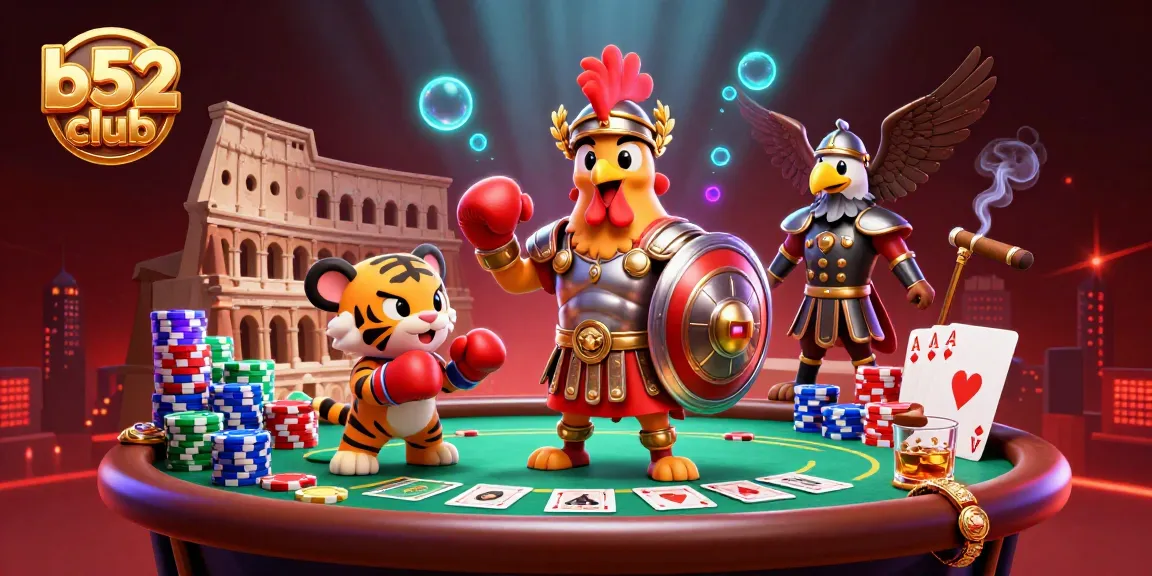 Engage in thrilling gaming action at B52 Club with immersive casino games featuring a dynamic rooster, tiger cub, and eagle.