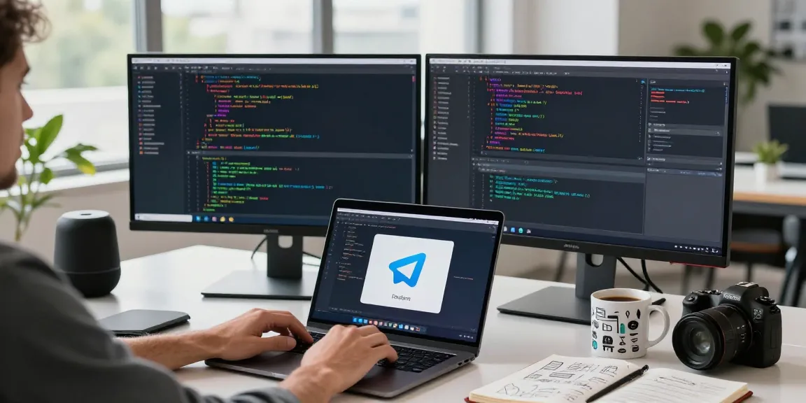 Download Telegram on a modern workspace with coding and tech elements.