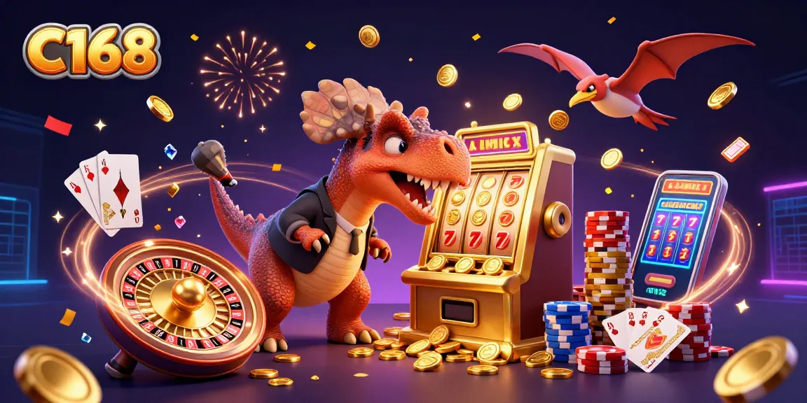 C168 brings excitement as a pachycephalosaurus wins jackpots by headbutting a golden slot machine.