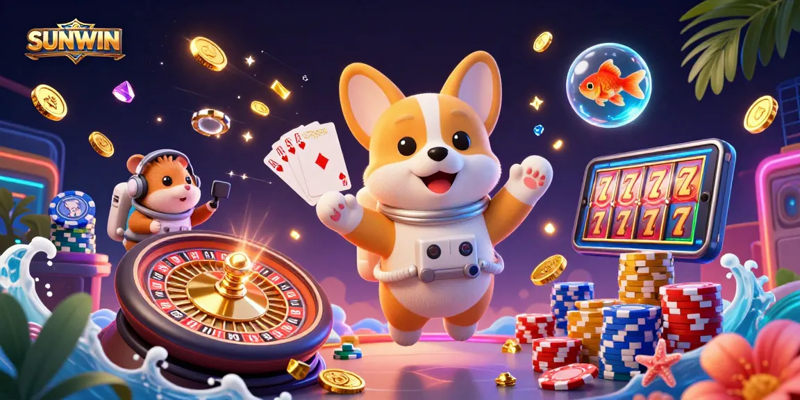 SUNWIN astronaut corgi enjoys a thrilling zero gravity casino adventure surrounded by dazzling gaming elements.