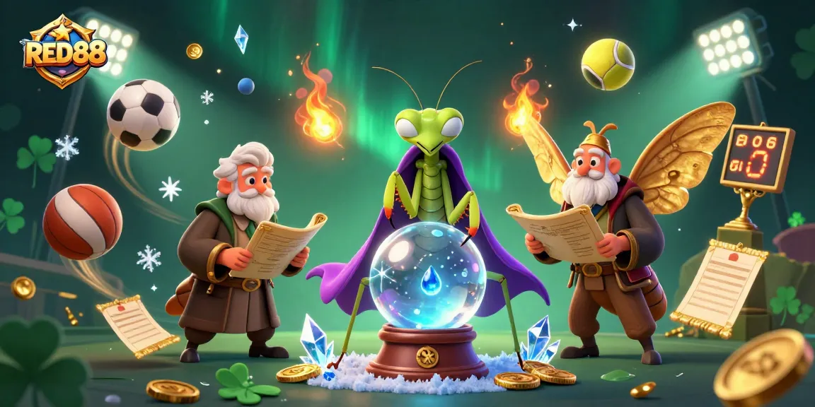 Engage with RED88 for thrilling sports betting, featuring a vibrant scene with mystical characters and dynamic game elements.
