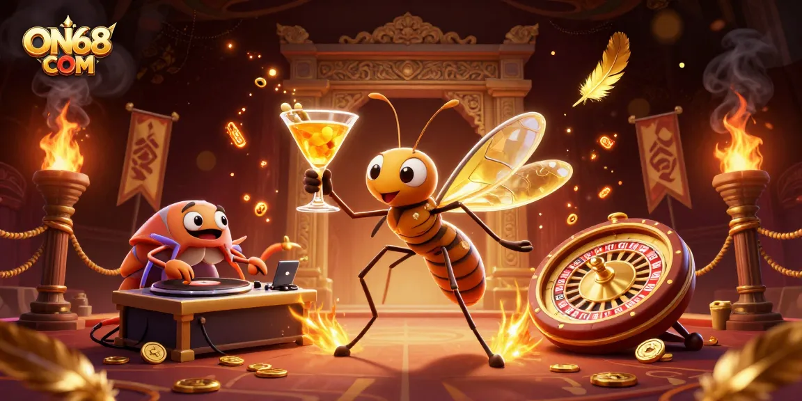 Engage with ON68 COM's vibrant casino scene showcasing a unique animated ensemble enjoying a festive gaming environment.