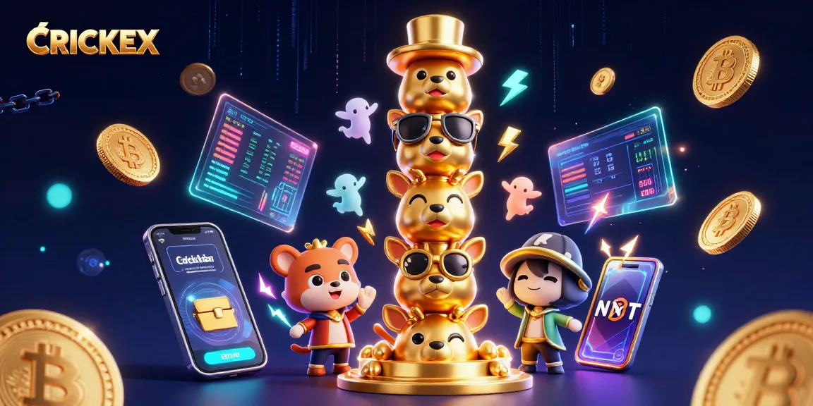 Experience CRICKEX thrilling dynamic betting scene with golden totem, crypto elements and vibrant casino accessories.