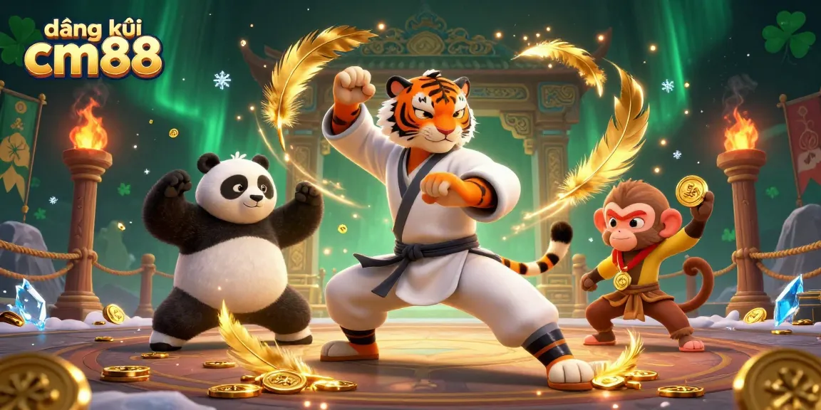Experience vibrant action in đăng ký cm88 with a kung fu tiger and playful panda amidst a dynamic casino scene.