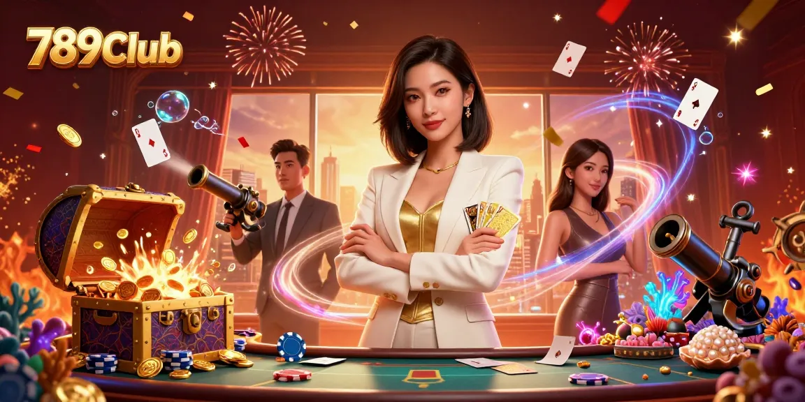 Experience the thrill of 789Club with a glamorous Asian woman holding golden cards in a vibrant casino.
